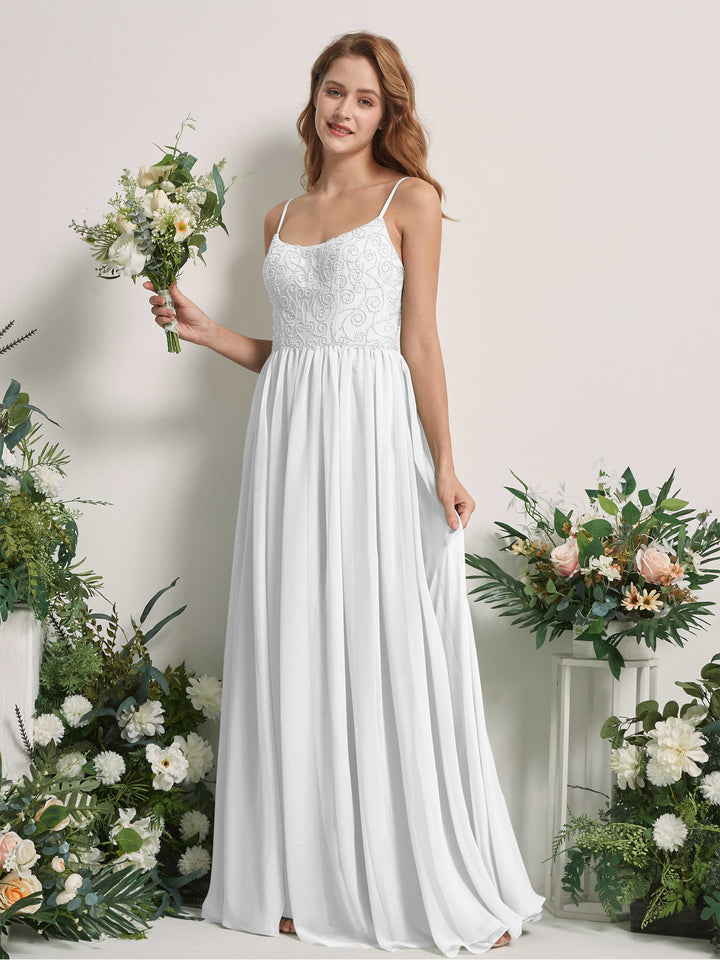 White Bridesmaid Dresses A-line Spaghetti-straps Sleeveless Chiffon Dresses (83221242)