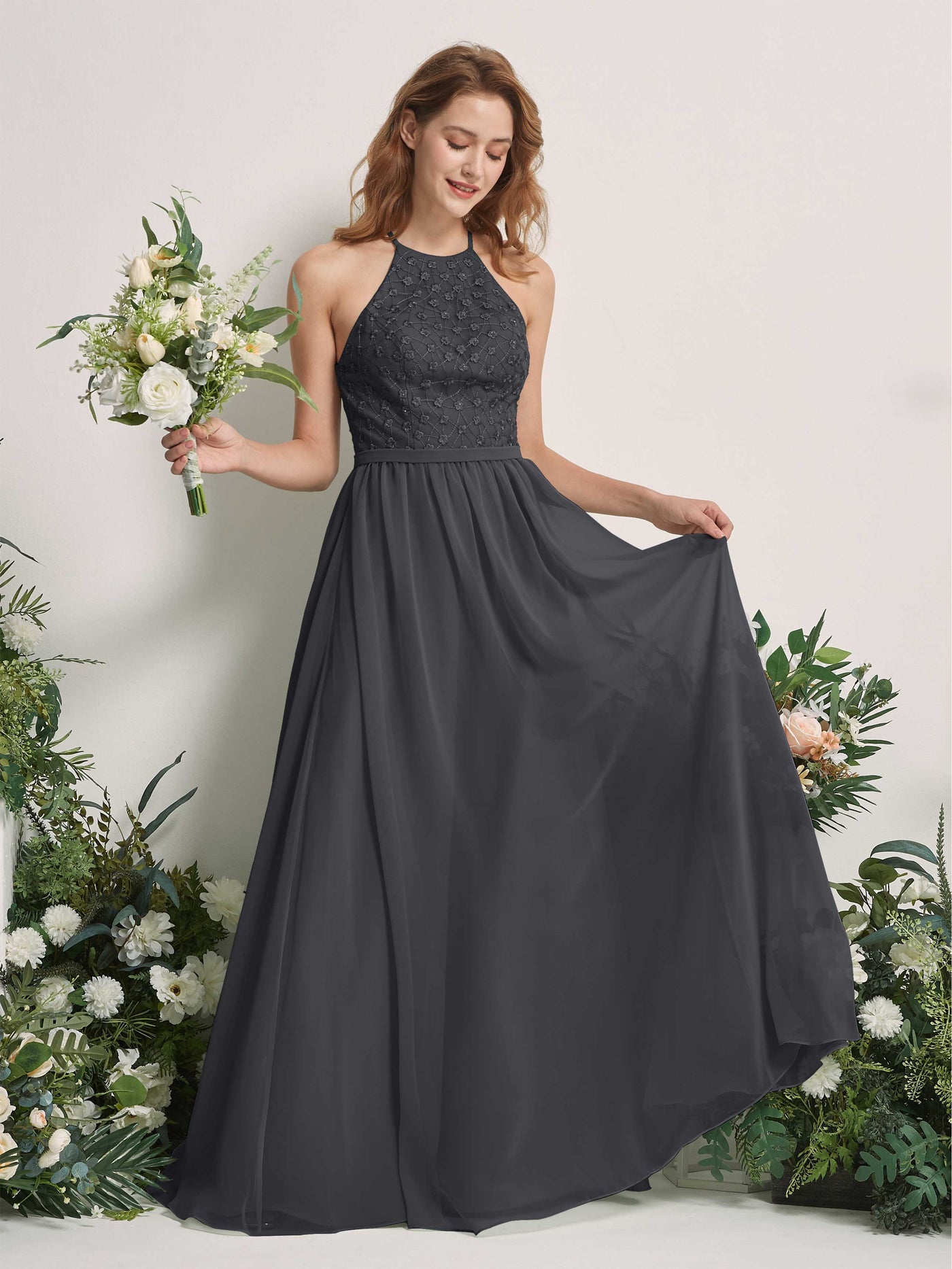 Pewter Bridesmaid Dresses A-line Halter Sleeveless Chiffon Dresses (83220838)#color_pewter