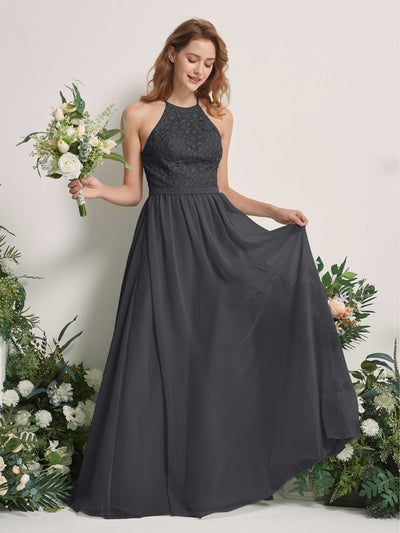 Carlyna Denise A-Line Pewter Embroidered Bridesmaid Dress Maxi Sleeveless Round Neck Dress Front View #color_pewter