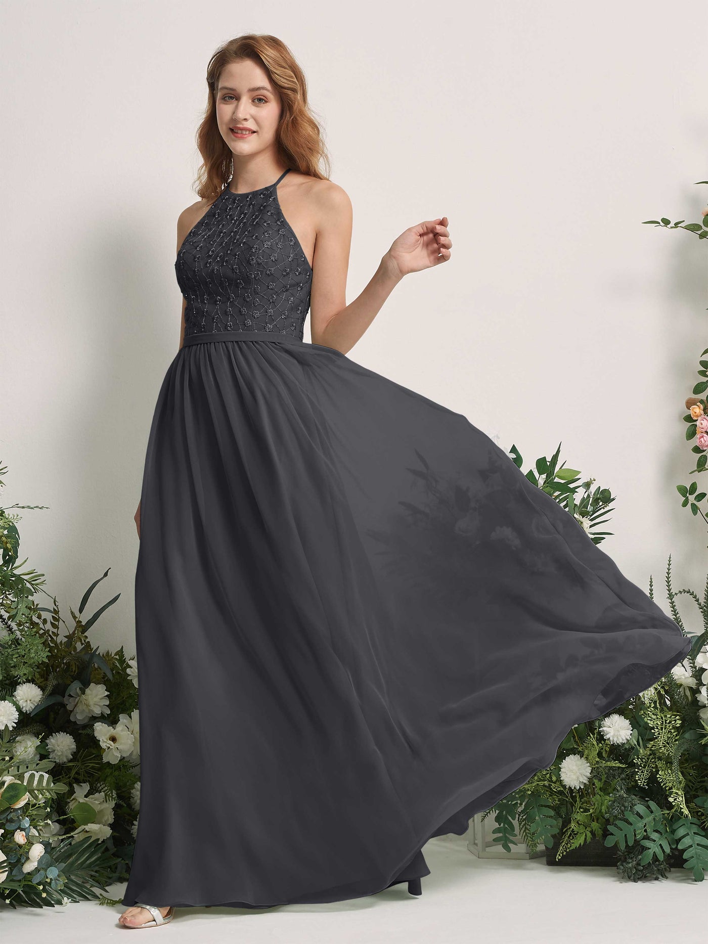 Pewter Bridesmaid Dresses A-line Halter Sleeveless Chiffon Dresses (83220838)#color_pewter