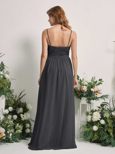 Carlyna Ursula A-Line Pewter Beaded Bridesmaid Dress Maxi Sleeveless Sweetheart Dress Back View #color_pewter