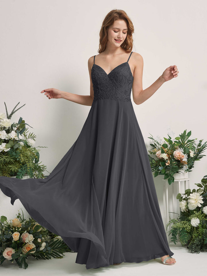 Pewter Bridesmaid Dresses A-line Open back Spaghetti-straps Sleeveless Dresses (83221138)