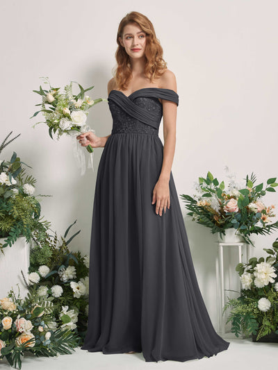 Carlyna Leona A-Line Pewter Embroidered Bridesmaid Dress Maxi Sleeveless Sweetheart Dress Front View #color_pewter