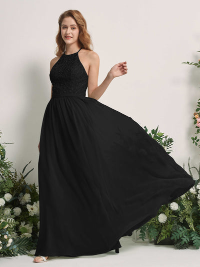Carlyna Denise A-Line Black Embroidered Bridesmaid Dress Maxi Sleeveless Round Neck Dress Side View 2 #color_black