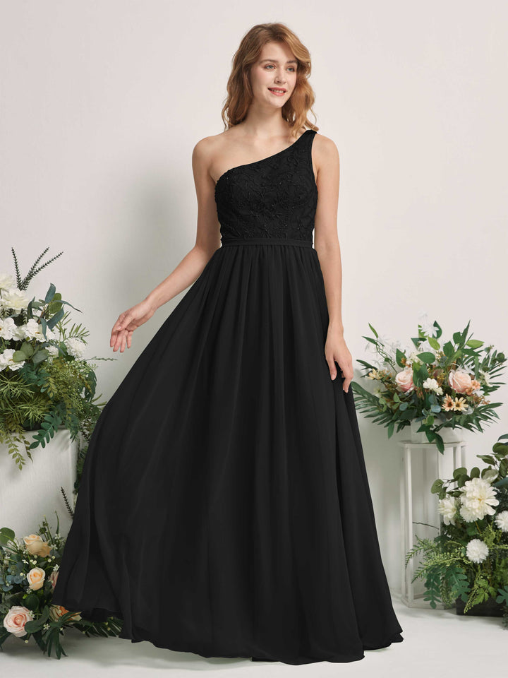 Black Bridesmaid Dresses A-line Open back One Shoulder Sleeveless Dresses (83220515)