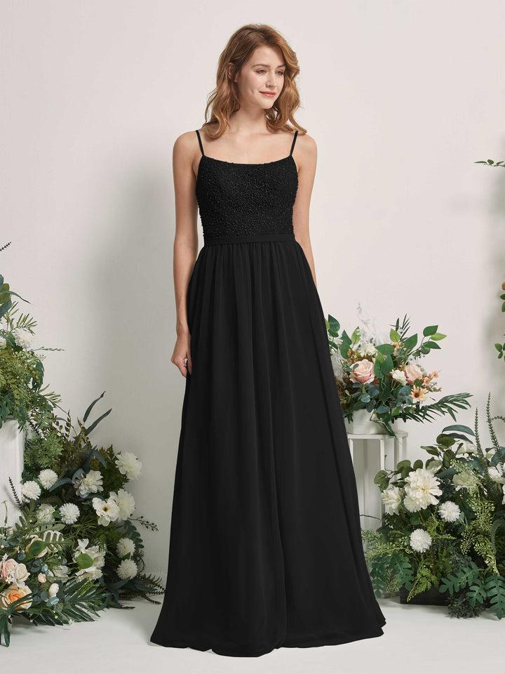 Black Bridesmaid Dresses A-line Open back Spaghetti-straps Sleeveless Dresses (83220115)