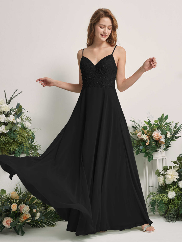 Black Bridesmaid Dresses A-line Open back Spaghetti-straps Sleeveless Dresses (83221115)