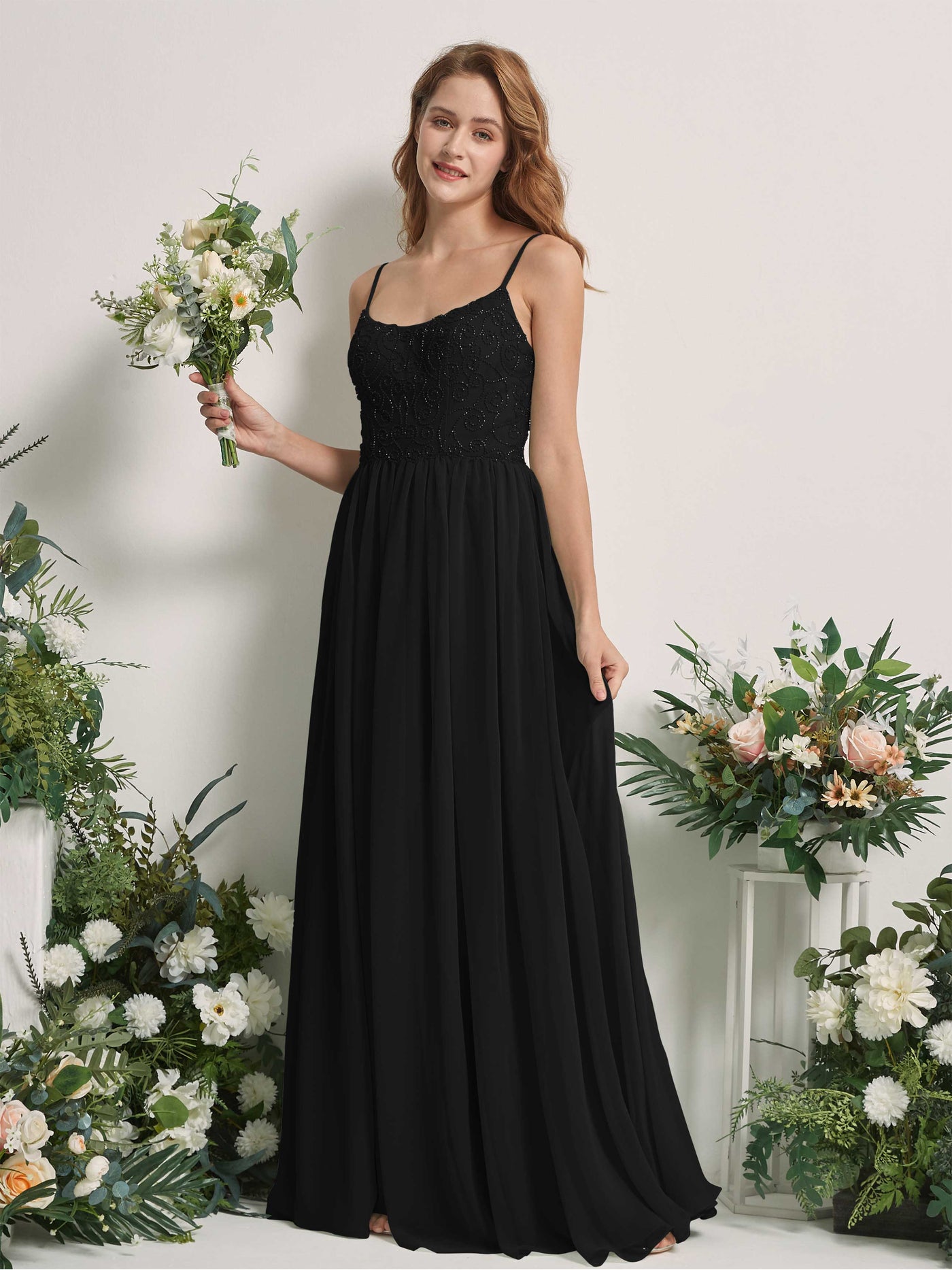 Black Bridesmaid Dresses A-line Spaghetti-straps Sleeveless Chiffon Dresses (83221215)#color_black