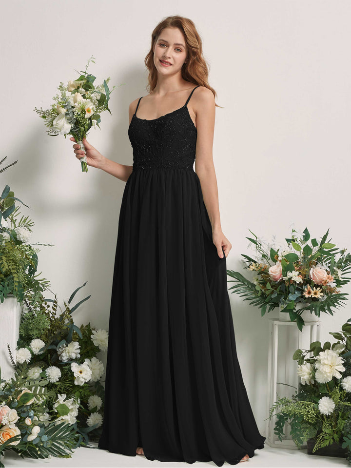 Black Bridesmaid Dresses A-line Spaghetti-straps Sleeveless Chiffon Dresses (83221215)