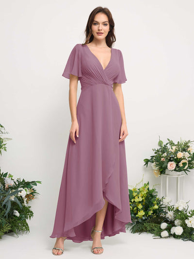 Carlyna A-Line Asymmetric Chiffon Maxi Dress | V-Neck Short Sleeve Bridesmaid & Wedding Guest Dress Front View #color_vintage-mauve