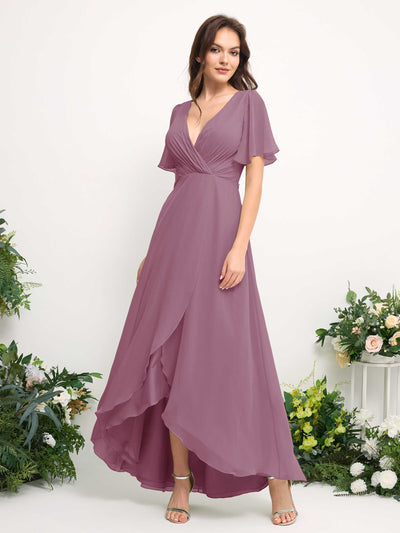 Carlyna A-Line Asymmetric Chiffon Maxi Dress | V-Neck Short Sleeve Bridesmaid & Wedding Guest Dress Side View 2 #color_vintage-mauve