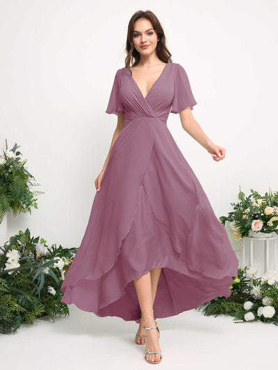 Carlyna A-Line Asymmetric Chiffon Maxi Dress | V-Neck Short Sleeve Bridesmaid & Wedding Guest Dress Side View 3 #color_vintage-mauve
