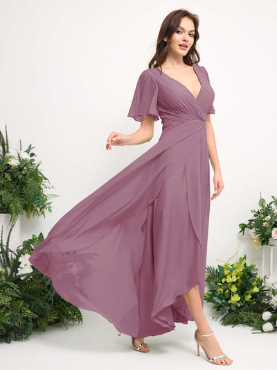 Carlyna A-Line Asymmetric Chiffon Maxi Dress | V-Neck Short Sleeve Bridesmaid & Wedding Guest Dress Side View 4 #color_vintage-mauve