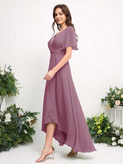 Carlyna A-Line Asymmetric Chiffon Maxi Dress | V-Neck Short Sleeve Bridesmaid & Wedding Guest Dress Side View 5 #color_vintage-mauve