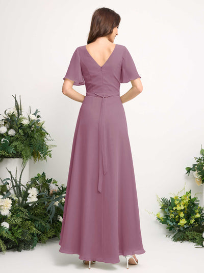 Carlyna A-Line Asymmetric Chiffon Maxi Dress | V-Neck Short Sleeve Bridesmaid & Wedding Guest Dress Back View #color_vintage-mauve