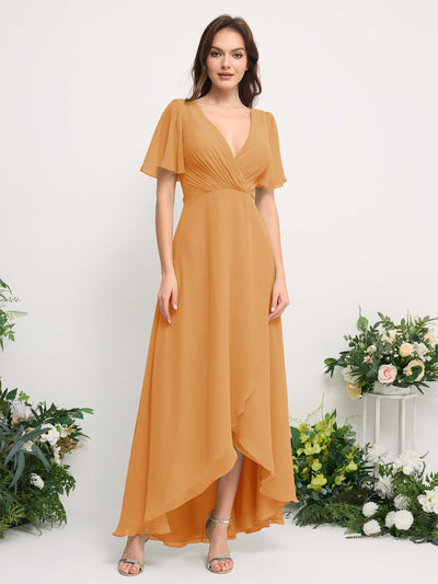 Carlyna A-Line Asymmetric Chiffon Maxi Dress | V-Neck Short Sleeve Bridesmaid & Wedding Guest Dress Front View #color_mango