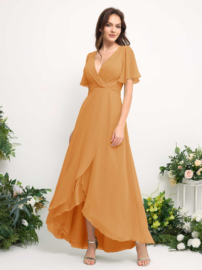 Carlyna A-Line Asymmetric Chiffon Maxi Dress | V-Neck Short Sleeve Bridesmaid & Wedding Guest Dress Side View 2 #color_mango