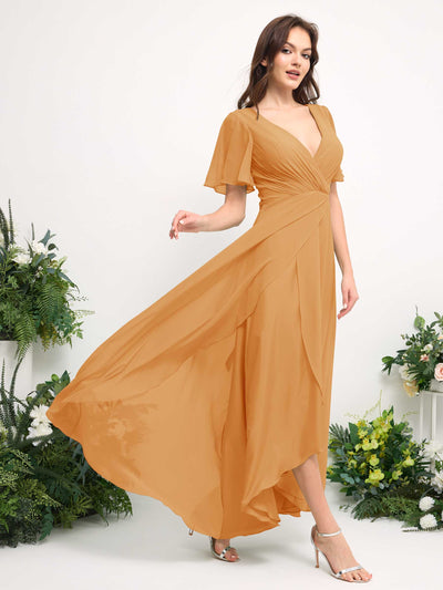 Carlyna A-Line Asymmetric Chiffon Maxi Dress | V-Neck Short Sleeve Bridesmaid & Wedding Guest Dress Side View 4 #color_mango