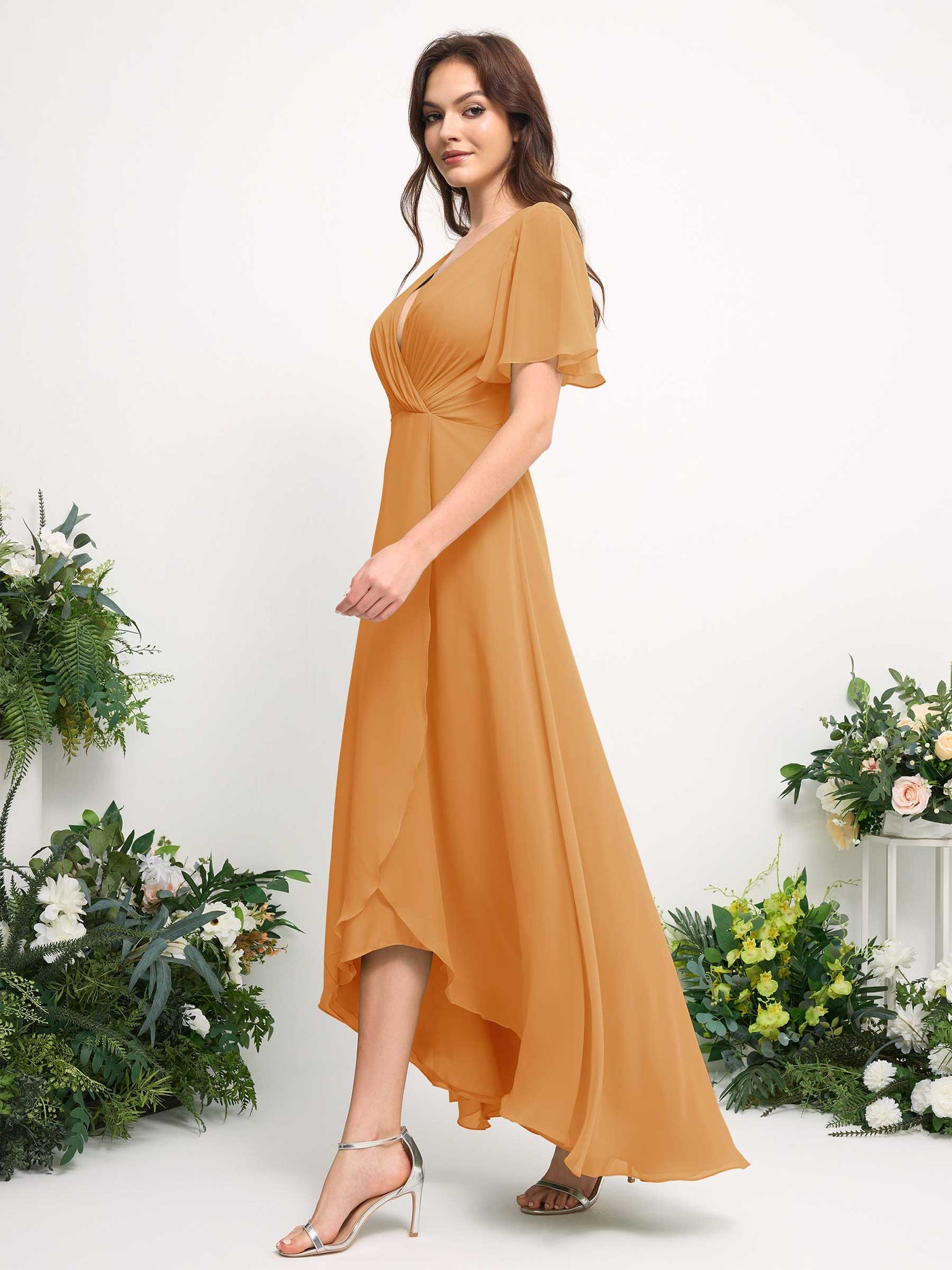 Steel Gray Chiffon Bridesmaid Dress A-Line Maxi Short Sleeve V-Neck | Carlyna Steel Gray Chiffon Bridesmaid Dress A-Line Maxi Short Sleeve V-Neck | Carlyna