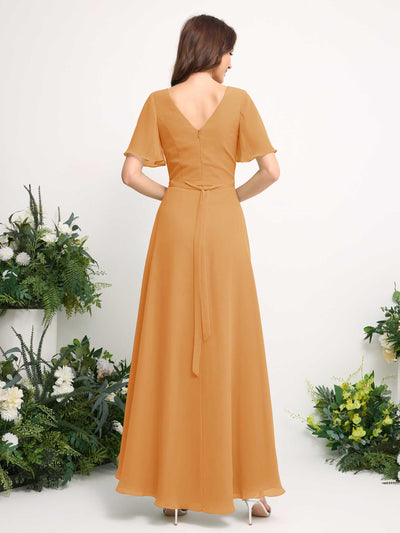 Carlyna A-Line Asymmetric Chiffon Maxi Dress | V-Neck Short Sleeve Bridesmaid & Wedding Guest Dress Back View #color_mango