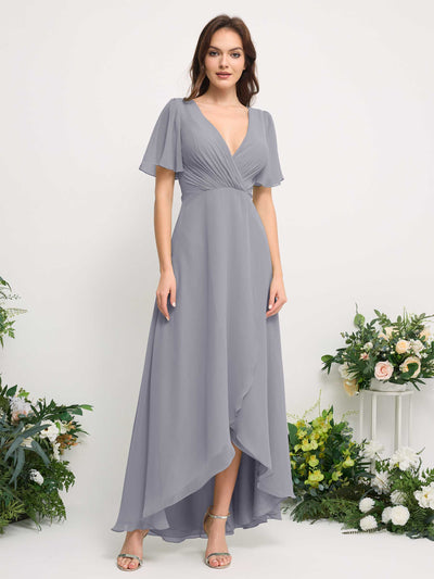 Carlyna A-Line Asymmetric Chiffon Maxi Dress | V-Neck Short Sleeve Bridesmaid & Wedding Guest Dress Front View #color_dusty-lavender