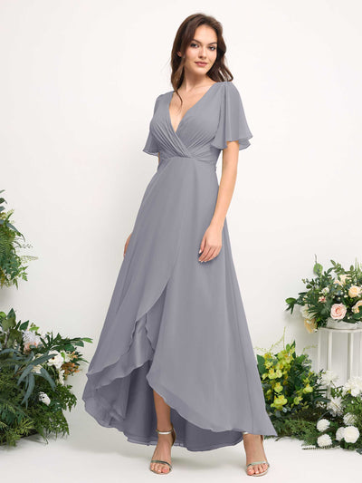 Carlyna A-Line Asymmetric Chiffon Maxi Dress | V-Neck Short Sleeve Bridesmaid & Wedding Guest Dress Side View 2 #color_dusty-lavender