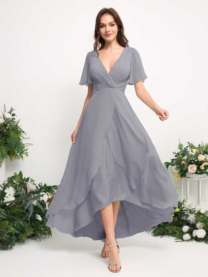 short grey chiffon dress Chiffon V-Neck Silver Mother of the Bride Dress with Short Sleeves US4 / Silver