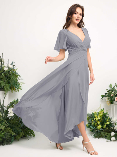 Carlyna A-Line Asymmetric Chiffon Maxi Dress | V-Neck Short Sleeve Bridesmaid & Wedding Guest Dress Side View 4 #color_dusty-lavender