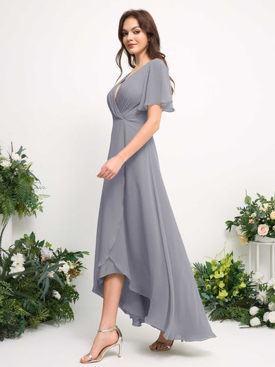 Carlyna A-Line Asymmetric Chiffon Maxi Dress | V-Neck Short Sleeve Bridesmaid & Wedding Guest Dress Side View 5 #color_dusty-lavender