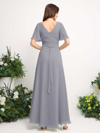 Carlyna A-Line Asymmetric Chiffon Maxi Dress | V-Neck Short Sleeve Bridesmaid & Wedding Guest Dress Back View #color_dusty-lavender