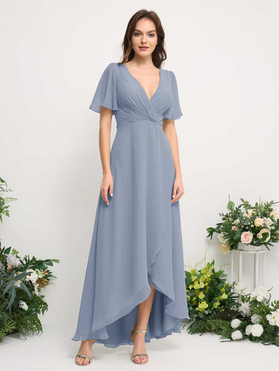 Carlyna A-Line Asymmetric Chiffon Maxi Dress | V-Neck Short Sleeve Bridesmaid & Wedding Guest Dress Front View #color_dusty-blue-upgrade
