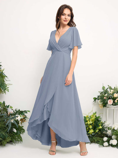Carlyna A-Line Asymmetric Chiffon Maxi Dress | V-Neck Short Sleeve Bridesmaid & Wedding Guest Dress Side View 2 #color_dusty-blue-upgrade