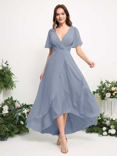 Carlyna A-Line Asymmetric Chiffon Maxi Dress | V-Neck Short Sleeve Bridesmaid & Wedding Guest Dress Side View 3 #color_dusty-blue-upgrade