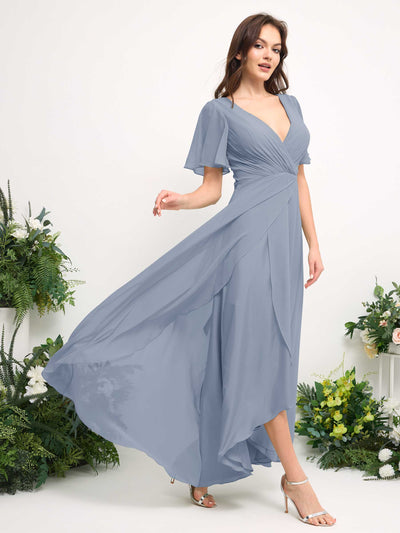 Carlyna A-Line Asymmetric Chiffon Maxi Dress | V-Neck Short Sleeve Bridesmaid & Wedding Guest Dress Side View 4 #color_dusty-blue-upgrade