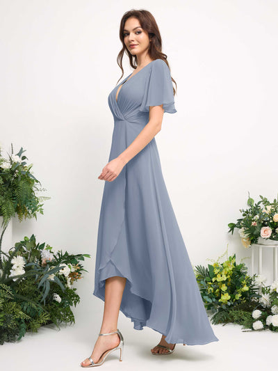 Carlyna A-Line Asymmetric Chiffon Maxi Dress | V-Neck Short Sleeve Bridesmaid & Wedding Guest Dress Side View 5 #color_dusty-blue-upgrade