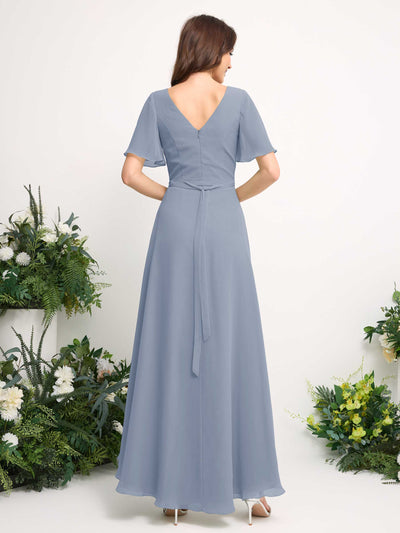 Carlyna A-Line Asymmetric Chiffon Maxi Dress | V-Neck Short Sleeve Bridesmaid & Wedding Guest Dress Back View #color_dusty-blue-upgrade