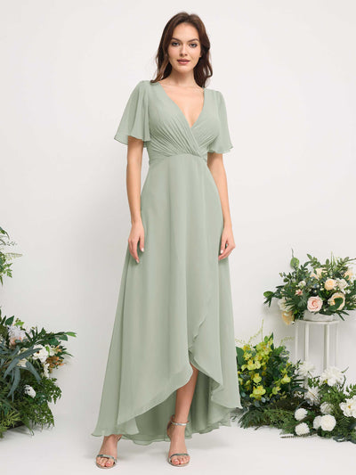 Carlyna A-Line Asymmetric Chiffon Maxi Dress | V-Neck Short Sleeve Bridesmaid & Wedding Guest Dress Front View #color_sage-green