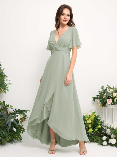 Carlyna A-Line Asymmetric Chiffon Maxi Dress | V-Neck Short Sleeve Bridesmaid & Wedding Guest Dress Side View 2 #color_sage-green