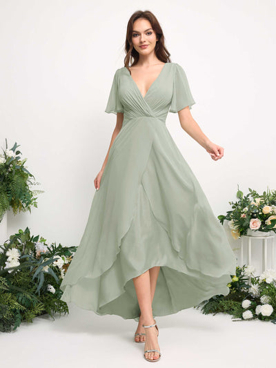 Carlyna A-Line Asymmetric Chiffon Maxi Dress | V-Neck Short Sleeve Bridesmaid & Wedding Guest Dress Side View 3 #color_sage-green