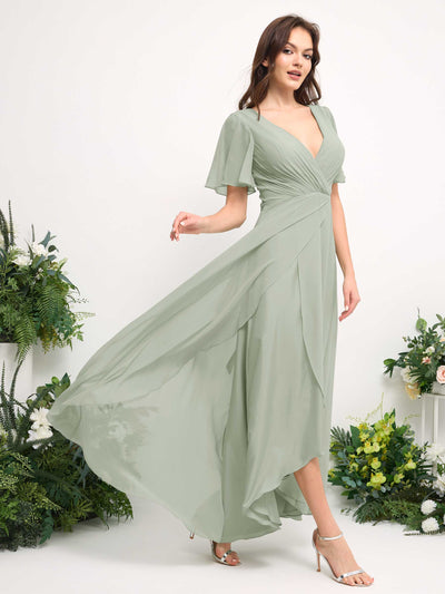 Carlyna A-Line Asymmetric Chiffon Maxi Dress | V-Neck Short Sleeve Bridesmaid & Wedding Guest Dress Side View 4 #color_sage-green