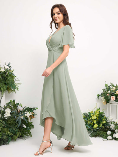 Carlyna A-Line Asymmetric Chiffon Maxi Dress | V-Neck Short Sleeve Bridesmaid & Wedding Guest Dress Side View 5 #color_sage-green