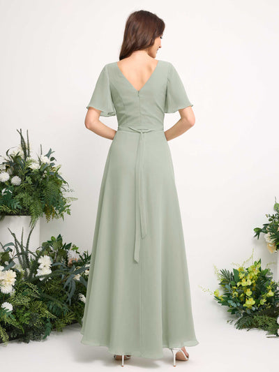 Carlyna A-Line Asymmetric Chiffon Maxi Dress | V-Neck Short Sleeve Bridesmaid & Wedding Guest Dress Back View #color_sage-green