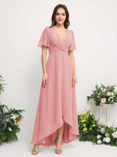 Carlyna A-Line Asymmetric Chiffon Maxi Dress | V-Neck Short Sleeve Bridesmaid & Wedding Guest Dress Front View #color_champagne-rose