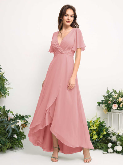 Carlyna A-Line Asymmetric Chiffon Maxi Dress | V-Neck Short Sleeve Bridesmaid & Wedding Guest Dress Side View 2 #color_champagne-rose