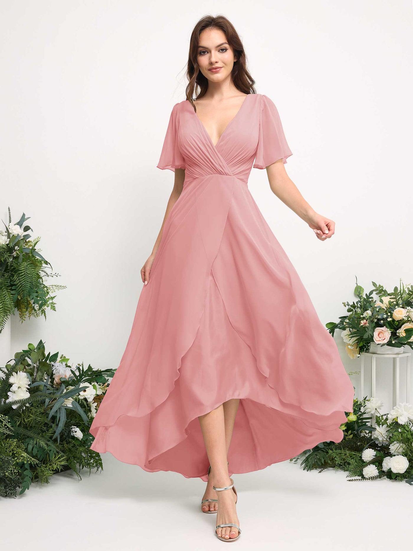 Steel Gray Chiffon Bridesmaid Dress A-Line Maxi Short Sleeve V-Neck | Carlyna Steel Gray Chiffon Bridesmaid Dress A-Line Maxi Short Sleeve V-Neck | Carlyna
