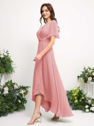 Carlyna A-Line Asymmetric Chiffon Maxi Dress | V-Neck Short Sleeve Bridesmaid & Wedding Guest Dress Side View 5 #color_champagne-rose