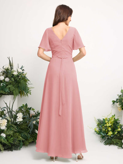 Carlyna A-Line Asymmetric Chiffon Maxi Dress | V-Neck Short Sleeve Bridesmaid & Wedding Guest Dress Back View #color_champagne-rose