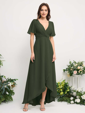 Carlyna A-Line Asymmetric Chiffon Maxi Dress | V-Neck Short Sleeve Bridesmaid & Wedding Guest Dress #color_martini-olive
