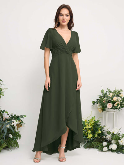 Carlyna A-Line Asymmetric Chiffon Maxi Dress | V-Neck Short Sleeve Bridesmaid & Wedding Guest Dress Front View #color_martini-olive