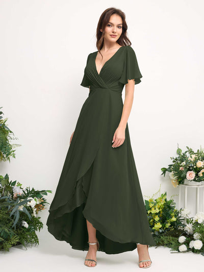Carlyna A-Line Asymmetric Chiffon Maxi Dress | V-Neck Short Sleeve Bridesmaid & Wedding Guest Dress Side View 2 #color_martini-olive